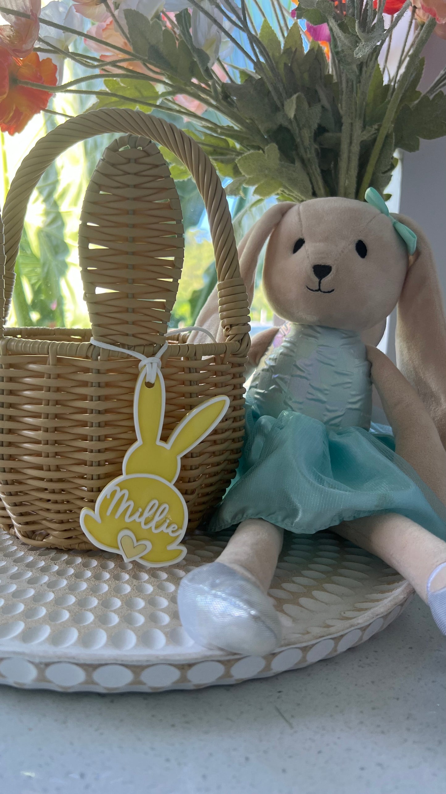 Easter Basket Name Tag yellow acrylic with a white boarder with personalised name