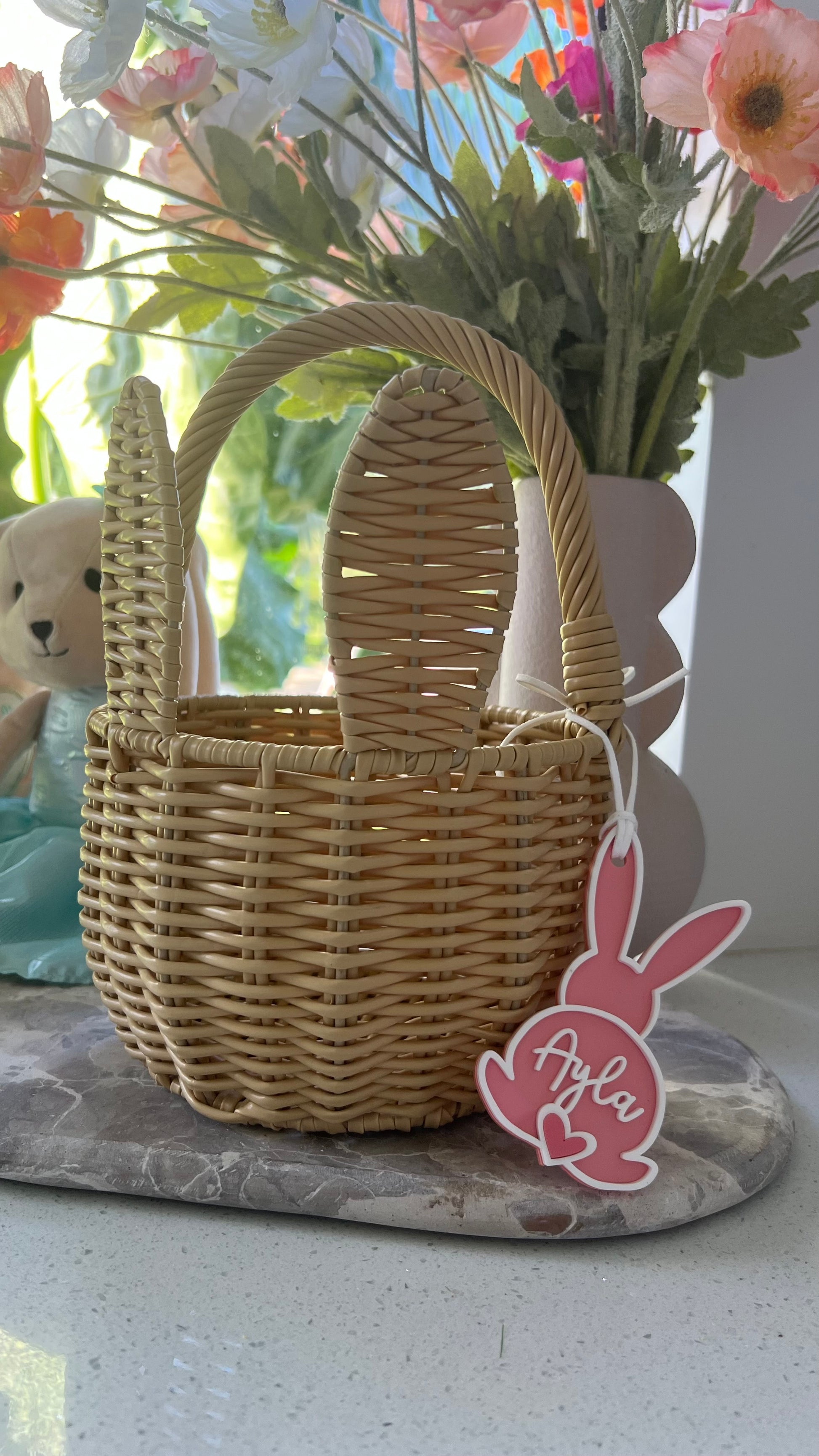 Easter Basket Name Tag pink acrylic with a white boarder with personalised name