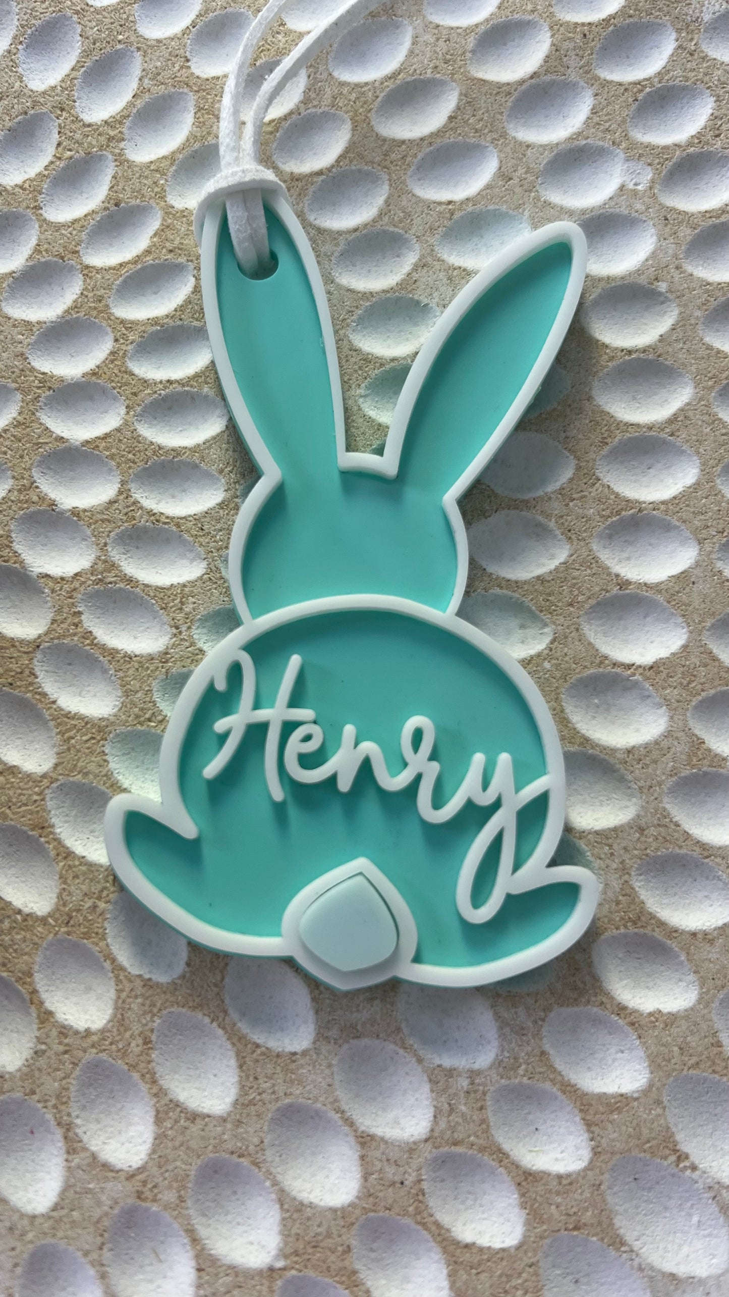 Easter Basket Name Tag light blue acrylic with a white boarder with personalised name