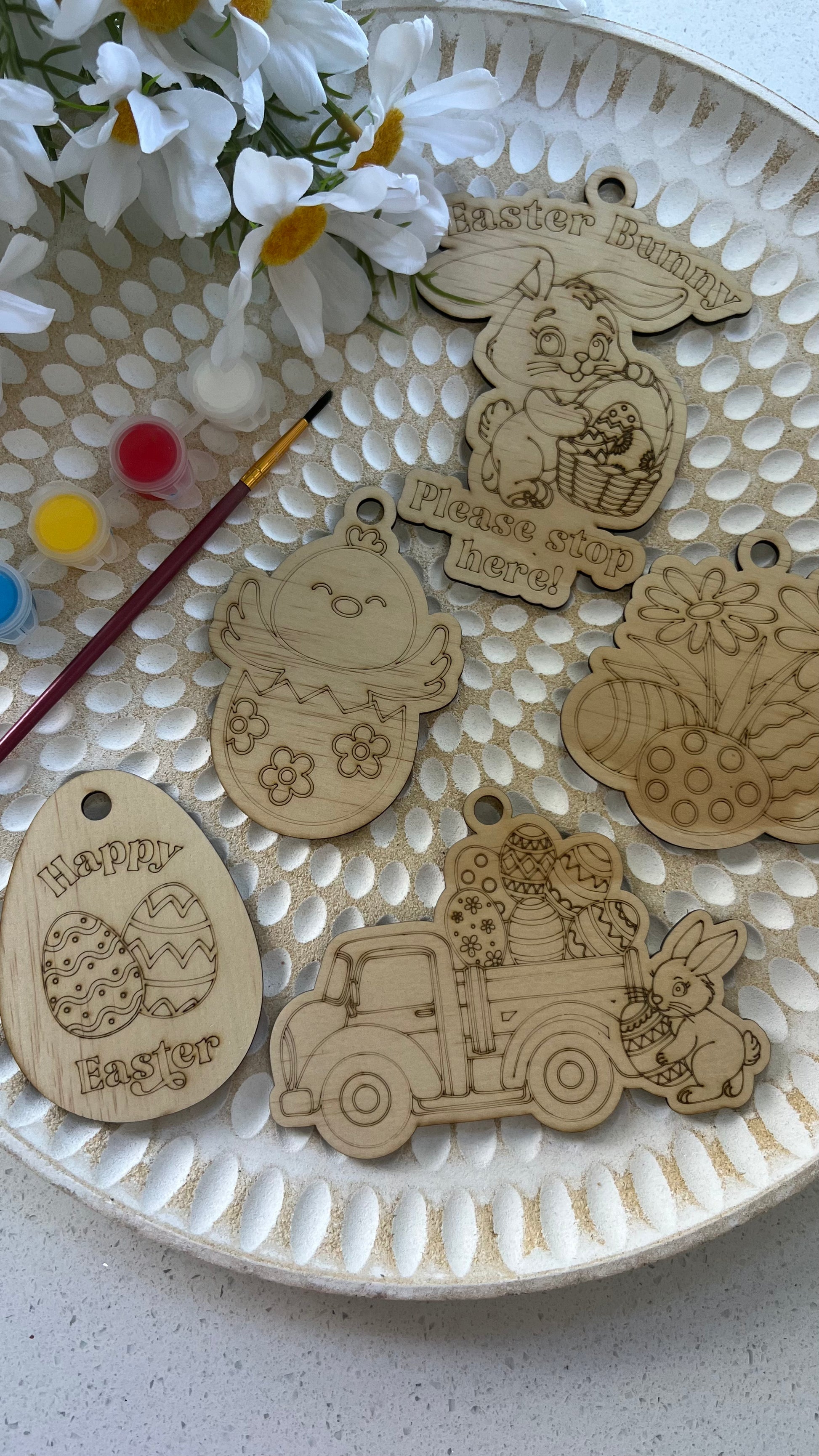 Wooden Easter Painting Activity with different pictures and paint pots