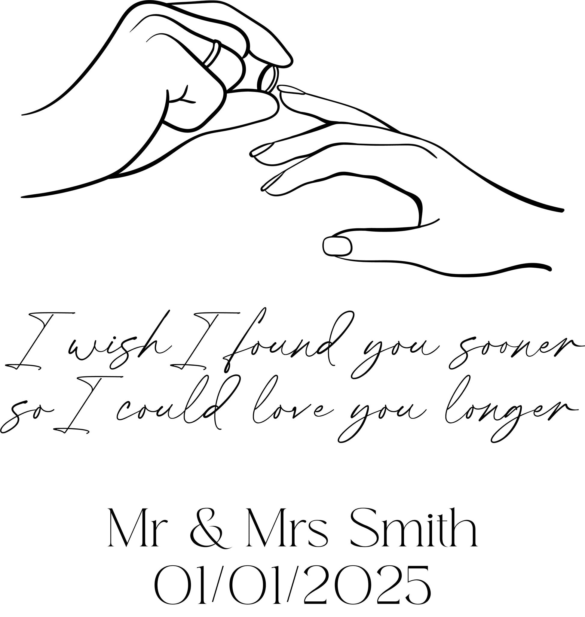 Illustration of two hands holding a ring with romantic text and personalized name and date.