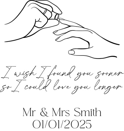 Illustration of two hands holding a ring with romantic text and personalized name and date.
