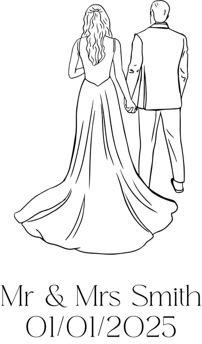 Line drawing of a couple holding hands with 'Mr & Mrs' and date text