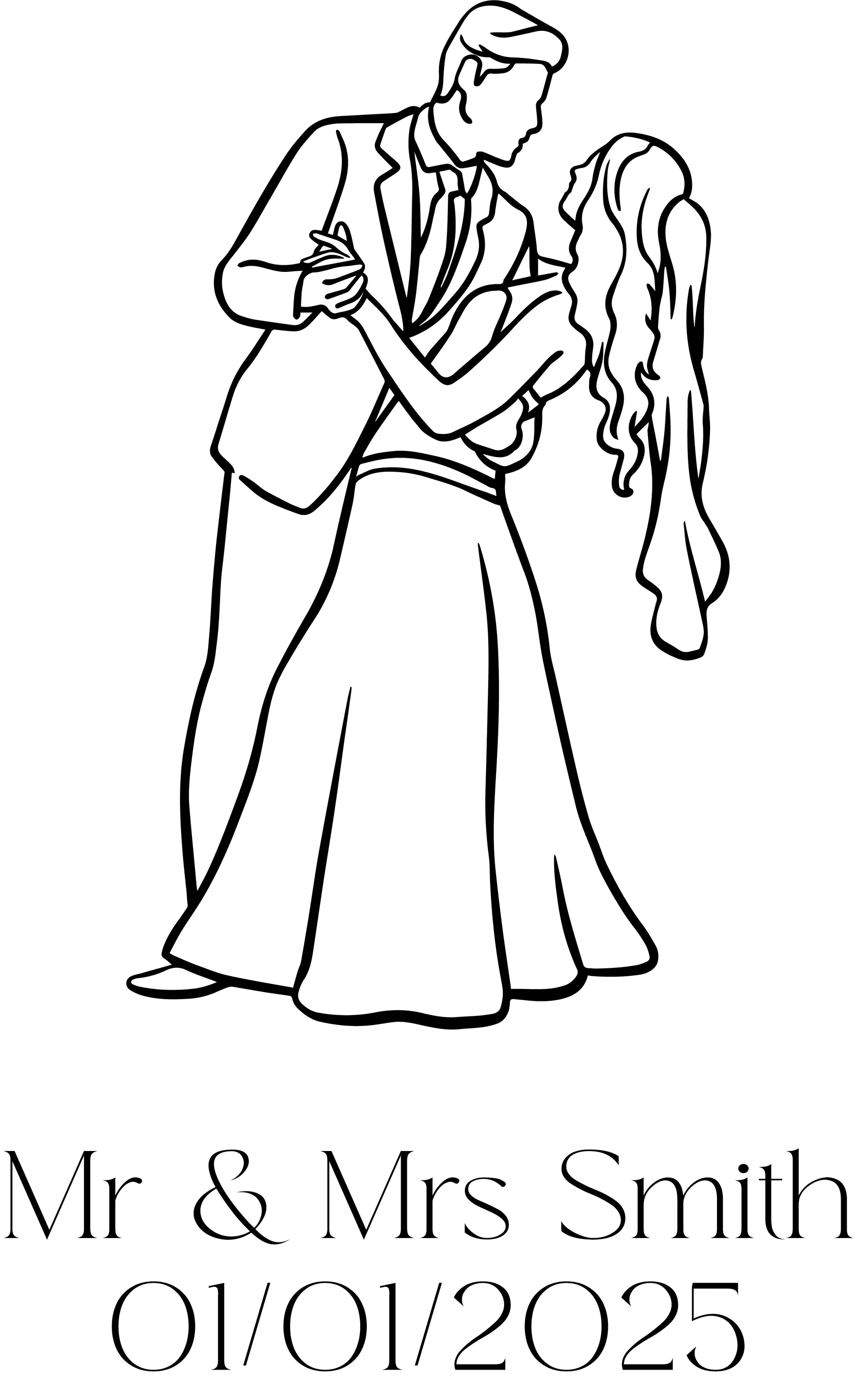 Line drawing of a couple holding hands with 'Mr & Mrs' and date text