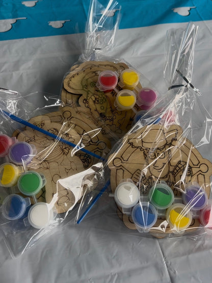 Kids Party Favours - wooden toy story plaques with paint pots