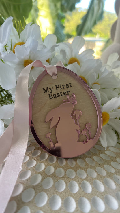 Personalized keepsake ornaments for Easter, featuring pastel colors mirror with ribbons, engraved with 'My First Easter' and customizable text.