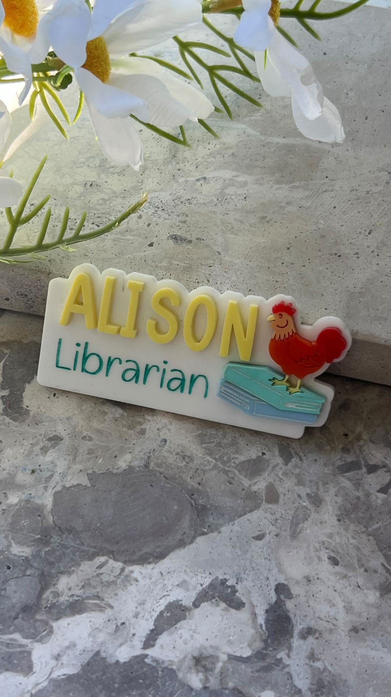 personalised name tag for a librarian 