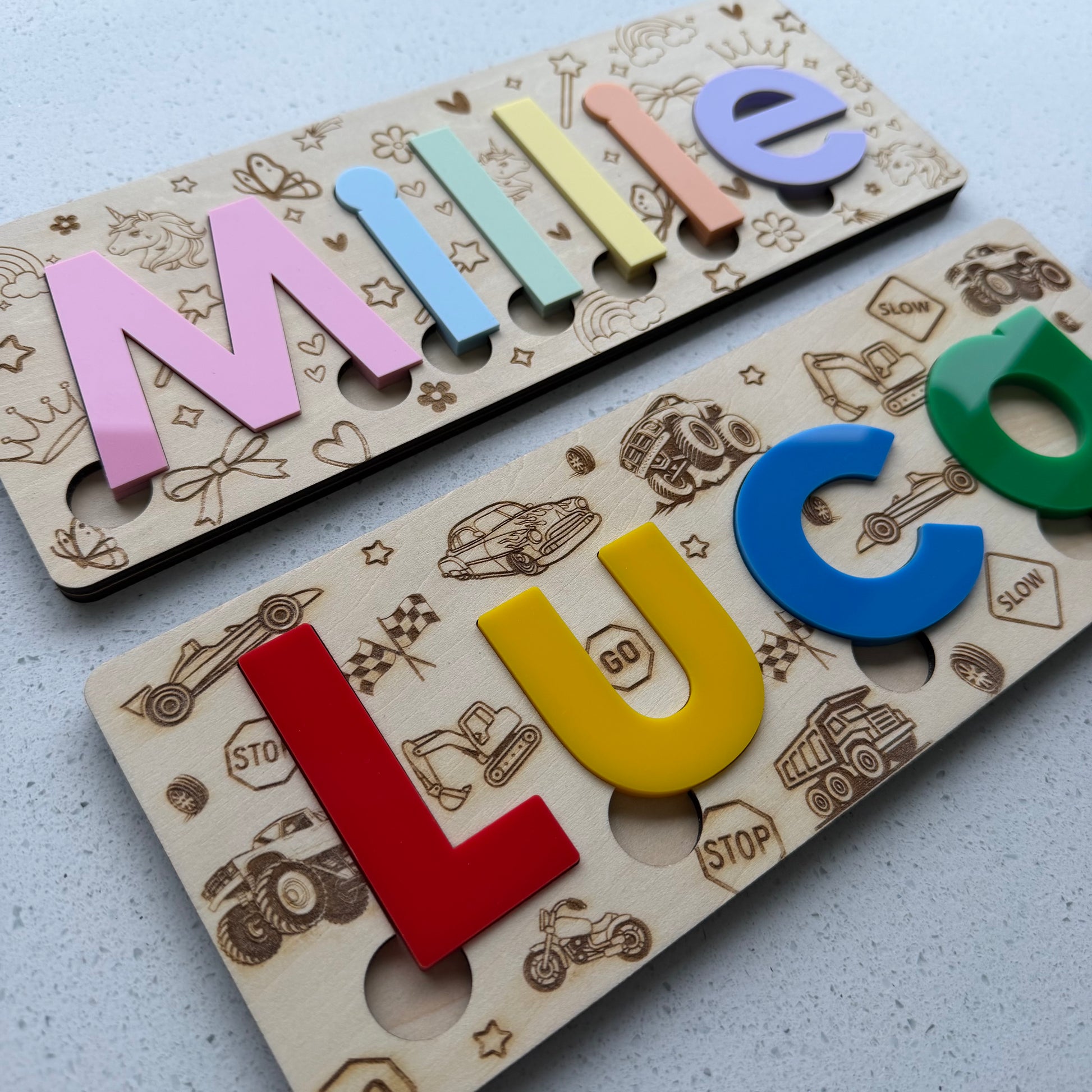 Two wooden name puzzle with colourful letters and boys and girls designs