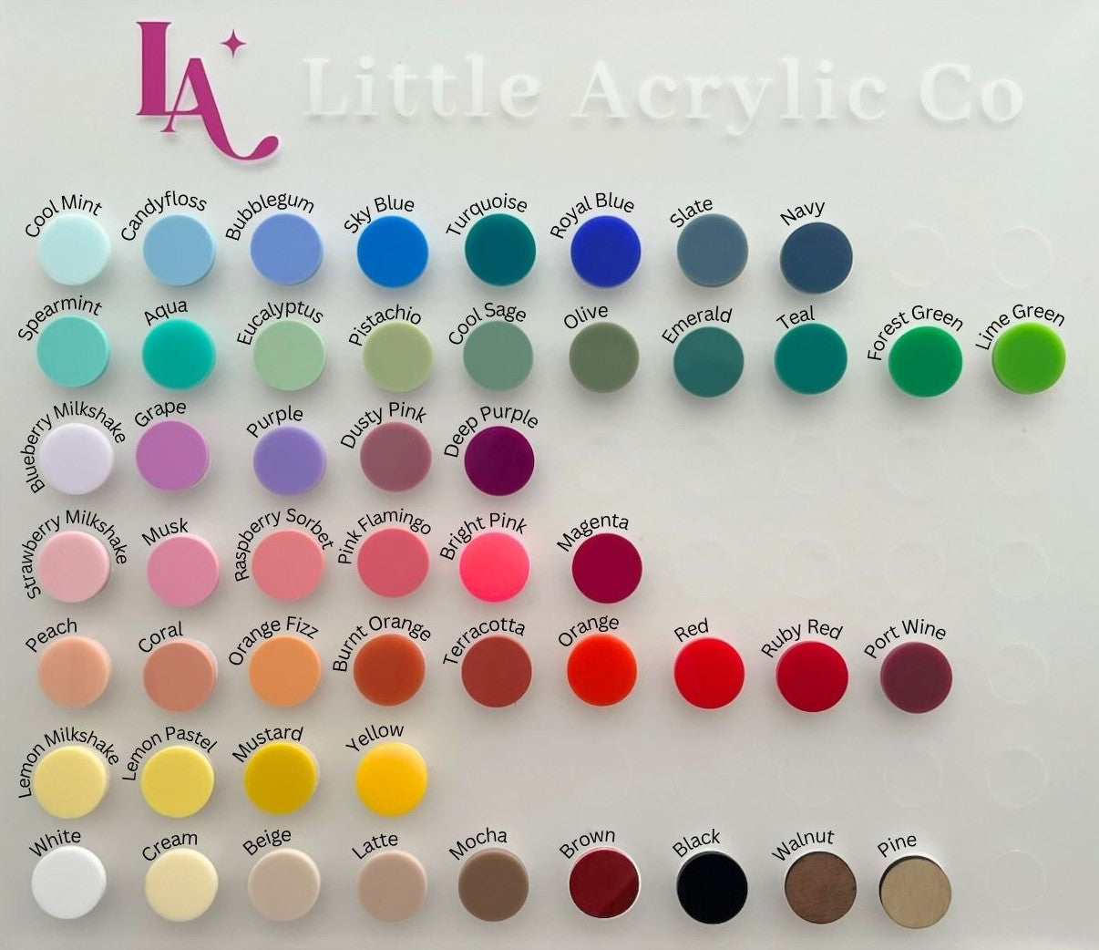 Color swatch chart by Little Acrylic Co with various colors and names.